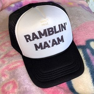 Ramblin’ Ma’am Hyatt Privé Trash Flowers saying trucker baseball hat